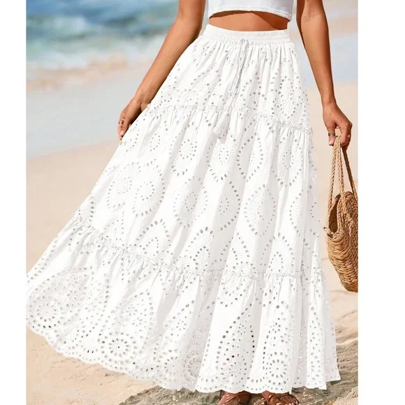 Boho Royal Blue Eyelet Stretchy waist Lined Maxi Skirt - Picture 10 of 12